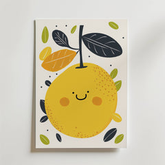 A cheerful illustration of no-9, a yellow fruit with a smiling face, surrounded by green and yellow leaves on a white background.