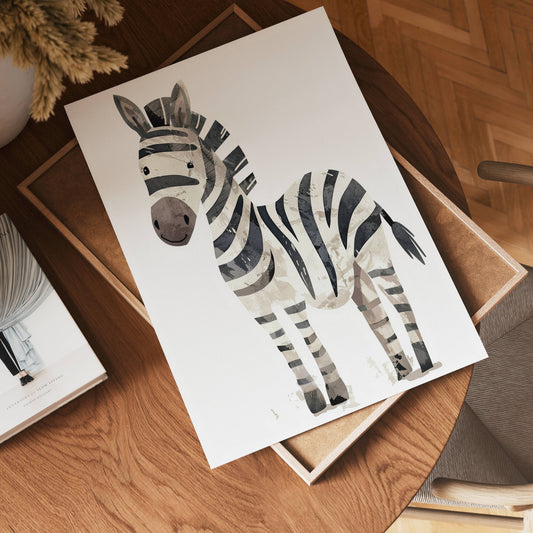 The no-9 paper, featuring a watercolor zebra illustration, rests on a wooden table beside a tray, a book, and a vase of dried flowers, creating a cozy, softly lit scene.