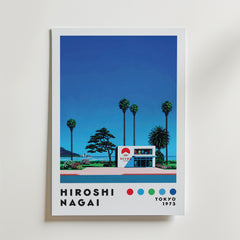Bozetto Hiroshi Nagai Beams Store Poster föreställer en modern byggnad med palmer, blå himmel, avlägsna berg, fyra färgade prickar, texten "Hiroshi Nagai Tokyo 1973" och en BEAM-skylt för tropiska retrovibbar.