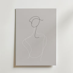 Bozetto Elegant Contour Poster har en minimalistisk linjeteckning av en mänsklig figur på grå canvas, med flytande svarta och vita linjer - ett abstrakt konstverk som är perfekt att visa på premiumpapper.