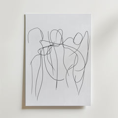 Bozetto Dancing Line Figures Poster har tunna svarta linjer som bildar abstrakta figurer i rörelse på en vit bakgrund, tryckt på FSC-certifierat premiumpapper, som fångar minimalistisk stil och dynamisk enkelhet.