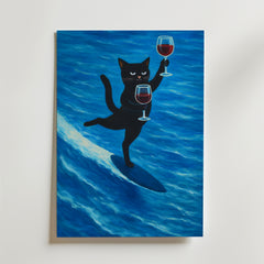 Surfing Wine Cat Poster