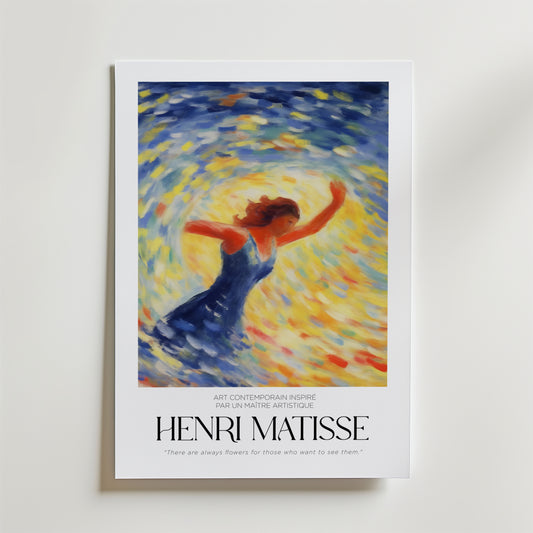 Bozetto Tourbillon de Joie Matisse Poster har en livfull målning av en kvinna i blå klänning som dansar bland virvlande gula, blå och orangea streck, med Henri Matisses namn och ett inspirerande blomcitat - perfekt för en glad inredning.