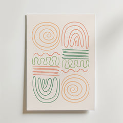 Bozetto Abstract Pastel Shapes Poster visar sex orange och gröna abstrakta former - spiraler, bågar och vågiga linjer - i ett 2x3 rutnät på en ren vit bakgrund, perfekt för moderna hem.