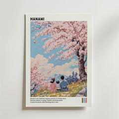 Springtime Hanami Family Poster från Bozetto föreställer tre personer på gräs under blommande körsbärsblommor, kronblad som driver i en blå himmel, med text längst ner som förklarar den japanska hanami-traditionen.