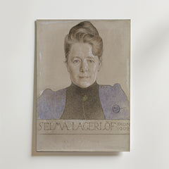 Bozetto Carl Larsson "The Author Selma Lagerlöf" Poster föreställer ett målat porträtt av Selma Lagerlöf med texten "Selma Lagerlöf Falun 1902" under - en stilfull hyllning till skandinavisk kultur för alla väggar.