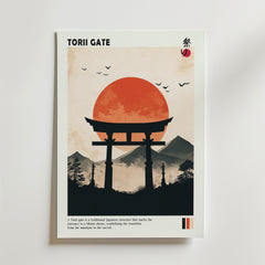 Minimalistisk inredning: Bozetto Japanese Torii Silhouette Poster med torii-port framför stor röd sol, berg och fåglar. Texten "TORII GATE" upptill och en kort beskrivning nederst.