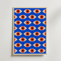 Bozetto Bauhaus Pattern Eyes Poster visar stiliserade ögon med röd iris och svarta pupiller på ljusblå botten och ger en modern känsla till alla rum med sin slående design. Perfekt som inramat grafiskt konstverk för snygg inredning.