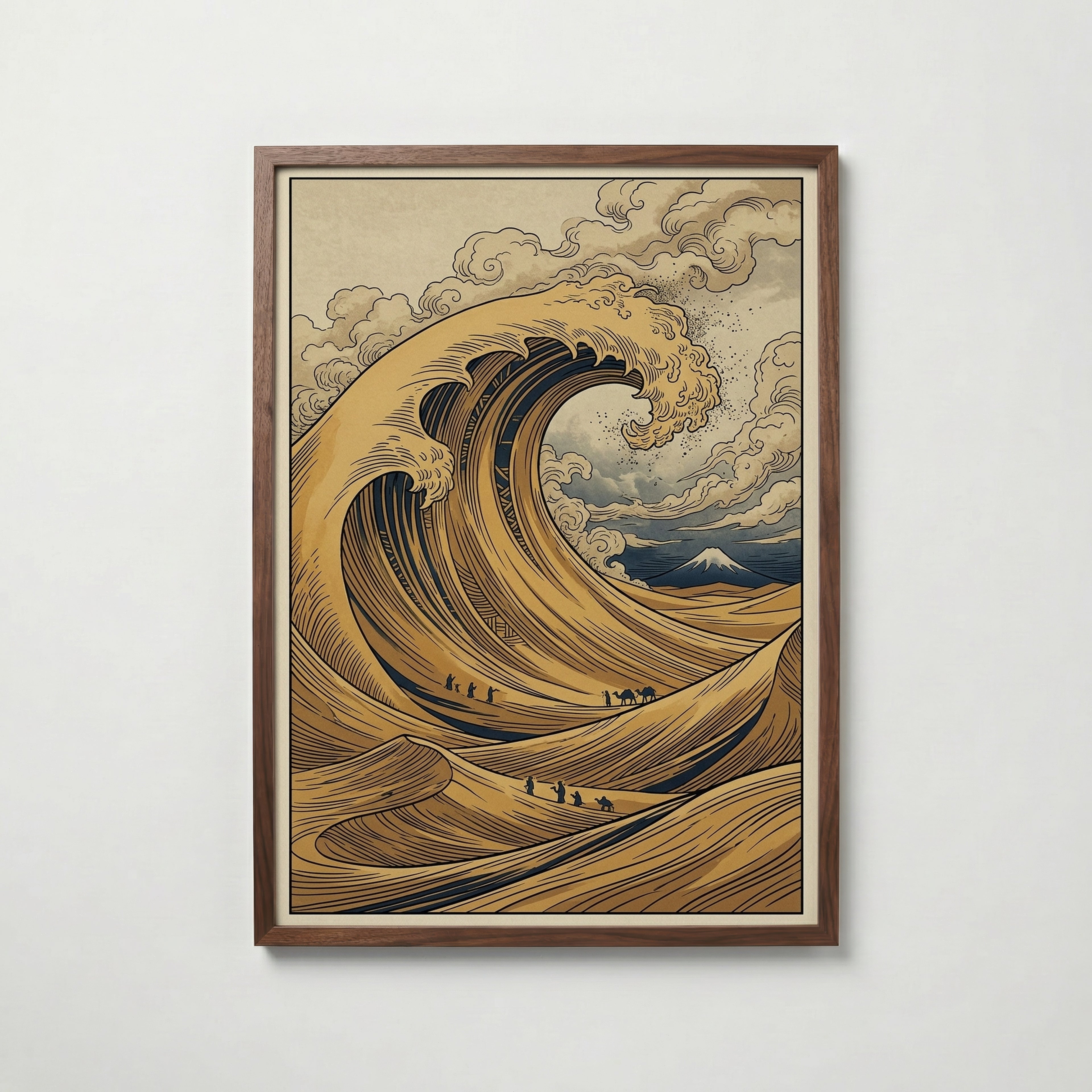 Desert Wave Poster – inramad i valnötsram med varm träkänsla och passepartout
