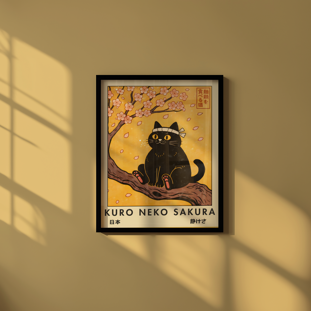 Kuro Neko Sakura Cat Poster