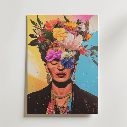 Bozetto Floral Frida Kahlo Portrait Poster föreställer en kvinna med slutna ögon, färgglad blommig huvudbonad och guldsmycken på en livlig gulblå bakgrund med abstrakta stänk, tryckt på premiumpapper.