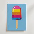 The no-9 print features a colorful popsicle with pink, yellow, orange, and blue stripes on a blue background, displayed on a rectangular sheet of paper against a white surface.