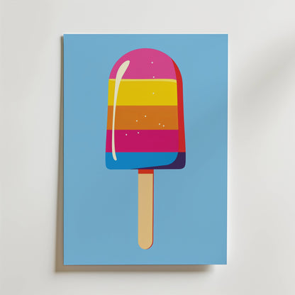 The no-9 print features a colorful popsicle with pink, yellow, orange, and blue stripes on a blue background, displayed on a rectangular sheet of paper against a white surface.