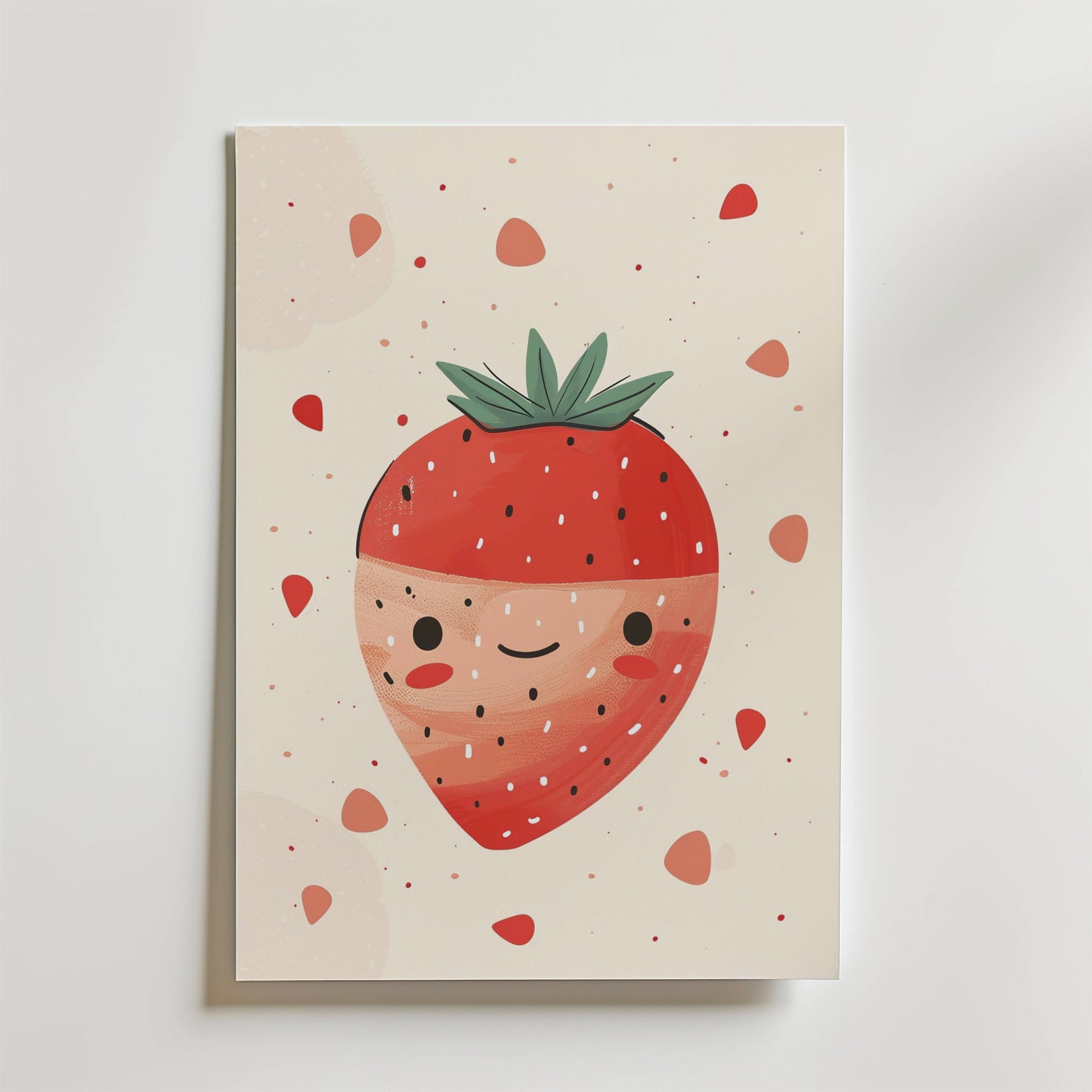 The no-9 features a cute illustration of a smiling strawberry with cartoon eyes and cheeks on a light background, surrounded by small red strawberry seeds and shapes.