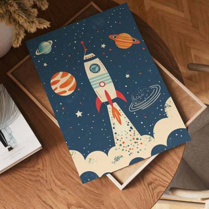 A vibrant illustration of no-9, a rocket ship soaring amid stars and planets, rests on a wooden table beside books and a chair.