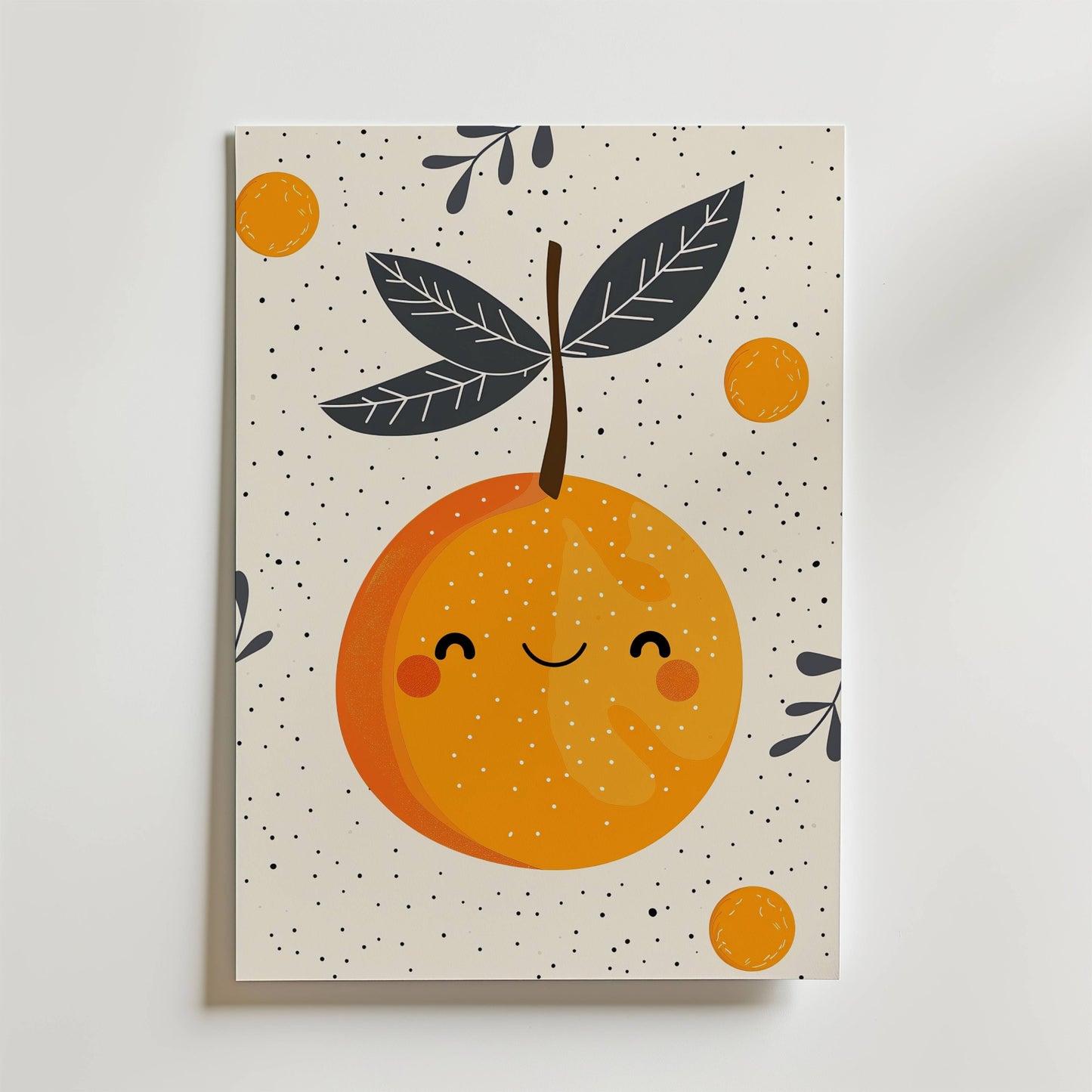 The no-9 features a playful illustration of an orange with a cute smiling face, surrounded by smaller oranges and leafy branches on a speckled white background.