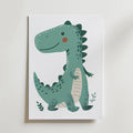 No-9 is a cute, cartoon-style green dinosaur with dark spikes, a rosy cheek, and a big smile, standing upright on a white background with small leaves near its feet.