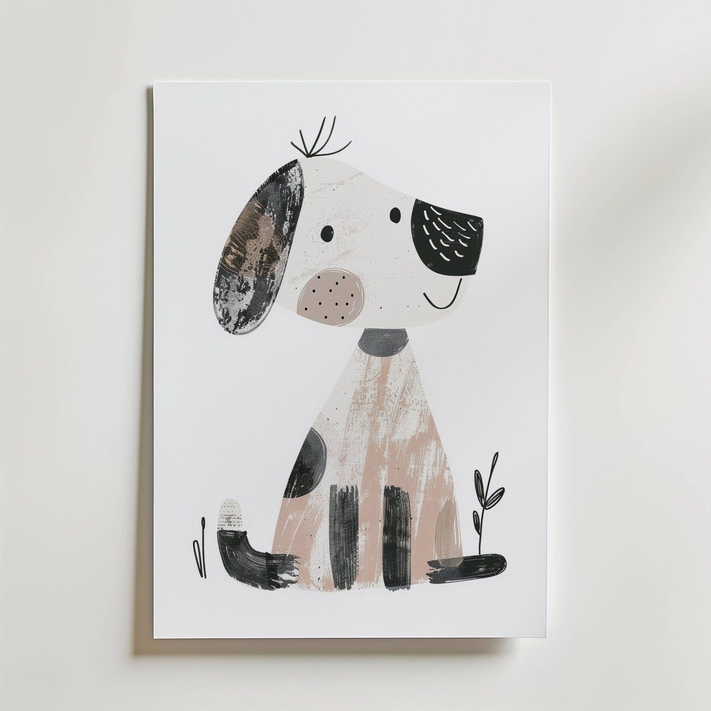 The no-9 features a minimalist illustration of a smiling cartoon dog with floppy ears, black spots, and simple shapes, sitting on a white background next to small leafy plants.