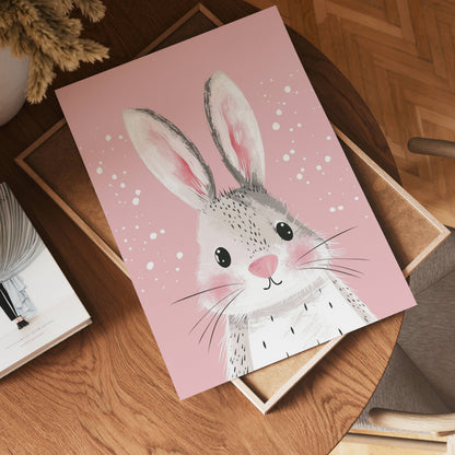 The no-9 features a pink and white illustration of a cute bunny with big ears and rosy cheeks, placed on a wooden table beside a book and a vase of dried flowers.