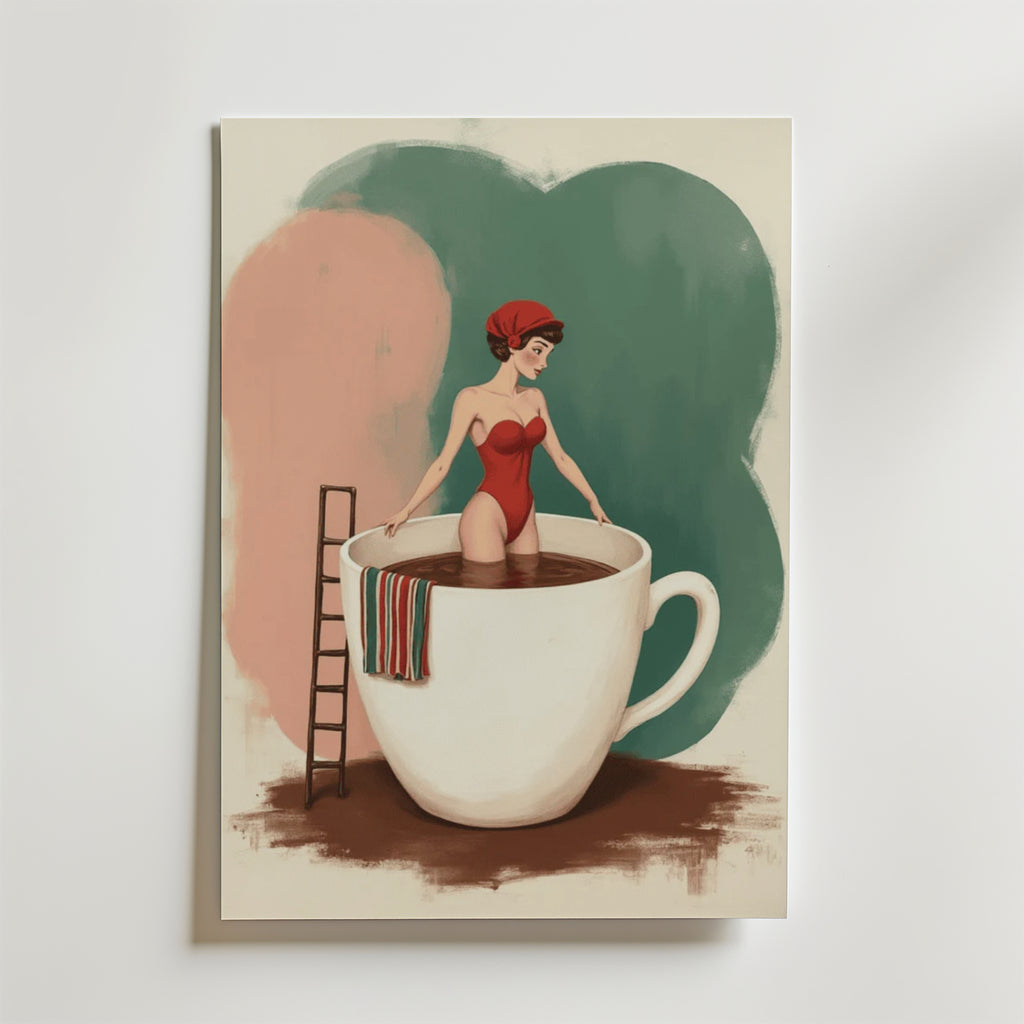 Bozetto Hot Coffe Bath Poster föreställer en kvinna i röd baddräkt och badmössa som står i en gigantisk tekopp med vätska mot en abstrakt rosa och grön bakgrund - ett perfekt konstverk på premiumpapper.