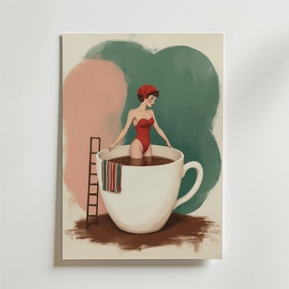 Bozetto Hot Coffe Bath Poster föreställer en kvinna i röd baddräkt och badmössa som står i en gigantisk tekopp med vätska mot en abstrakt rosa och grön bakgrund - ett perfekt konstverk på premiumpapper.