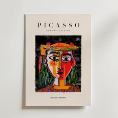 Bozetto Picasso Colorful Female Portrait Poster visar abstrakt, Picasso-inspirerad konst med geometriska former och djärva linjer på en vit bakgrund. Texten lyder PICASSO MODERN GALLERY Artwork Collection.