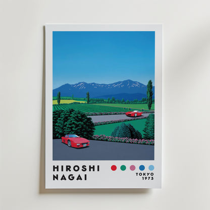 The Bozetto "Hiroshi Nagai Alpine Drive Poster" visar två röda sportbilar på en väg framför gröna fält och alper, med texten "HIROSHI NAGAI" och "TOKYO 1973" - en hyllning till retroestetik.