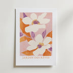 Bozetto Jardin Des Reves Poster visar två stora vita blommor med orange blad och lila detaljer på en mjuk rosa bakgrund, avslutat med fet orange text. Tryckt på premiumpapper för hög kvalitet.