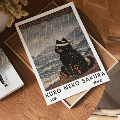 Kuro Neko Rain Cat Poster