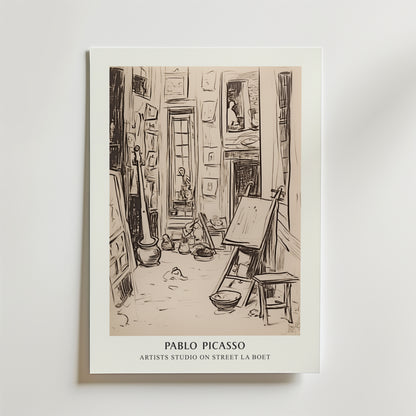 Bozetto Picasso Echoes of Creation Poster har en skissliknande scen av en konstnärs studio, vilket gör den perfekt som sepia väggkonst för att inspirera till kreativitet i alla utrymmen.