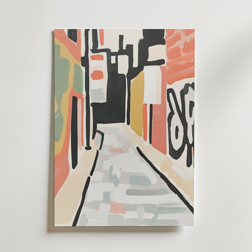 Denna abstrakta konst inspirerad av Bozettos Backstreet Geometry Poster avbildar en livlig stadsgränd med djärva penseldrag, färgglada byggnader och stor graffiti på premiumpapper med en lyxigt matt yta.