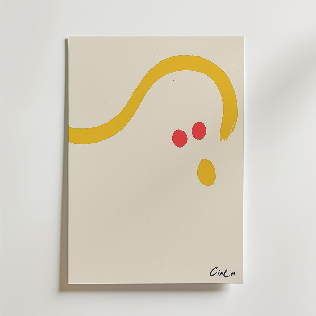 Bozetto Cin Cin Minimalistisk Poster: Vit canvas med gul böjd linje, två röda prickar och en gul oval på premiumpapper. Signerad CinCin i nedre högra hörnet.