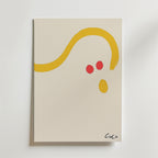 Bozetto Cin Cin Minimalistisk Poster: Vit canvas med gul böjd linje, två röda prickar och en gul oval på premiumpapper. Signerad CinCin i nedre högra hörnet.