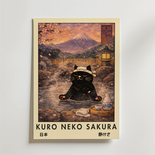 Kuro Neko Sakura Onsen Cat – stilfullt konsttryck från Bozetto, tryckt på matt finpapper