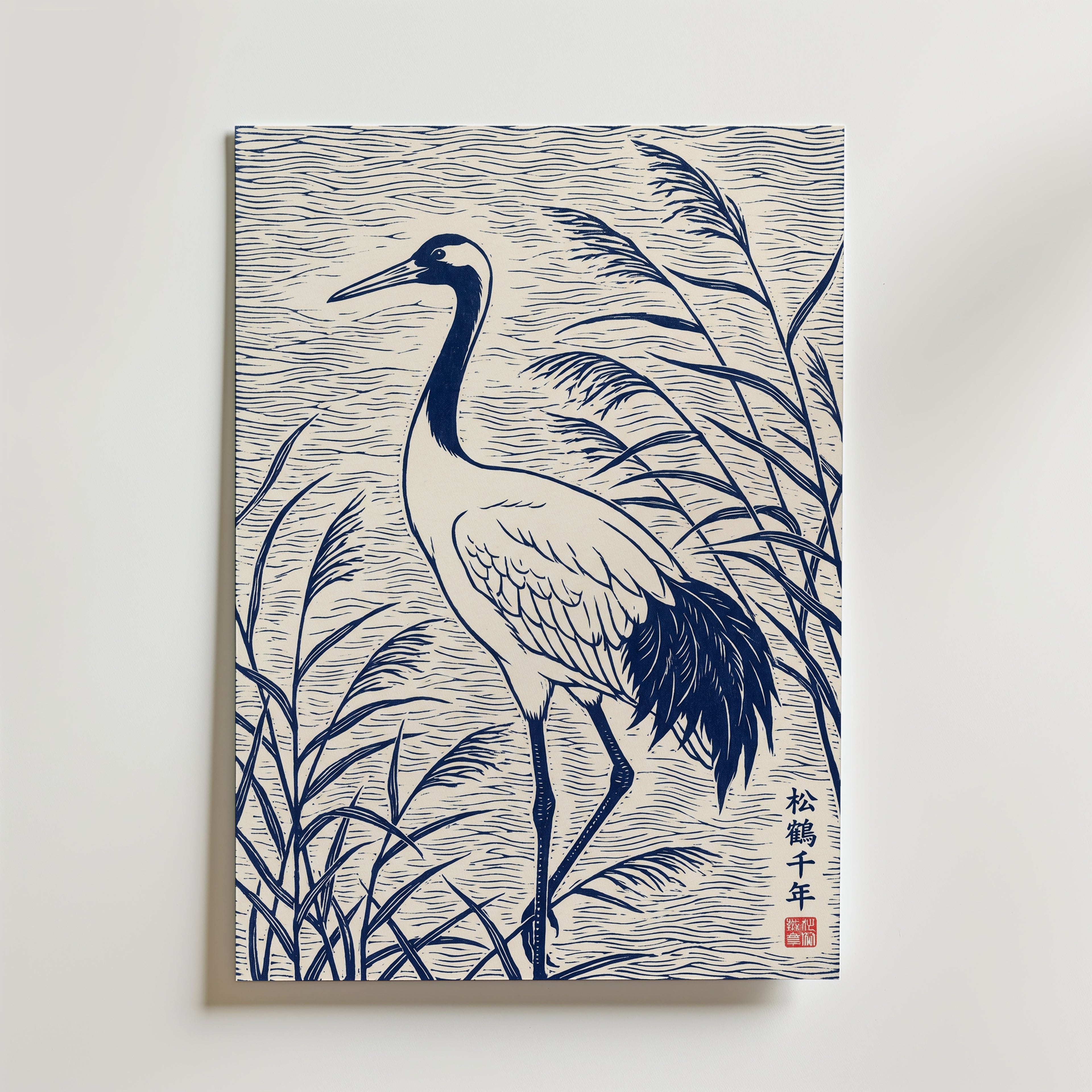 Blue Crane Linocut Poster – canvas utan passepartout