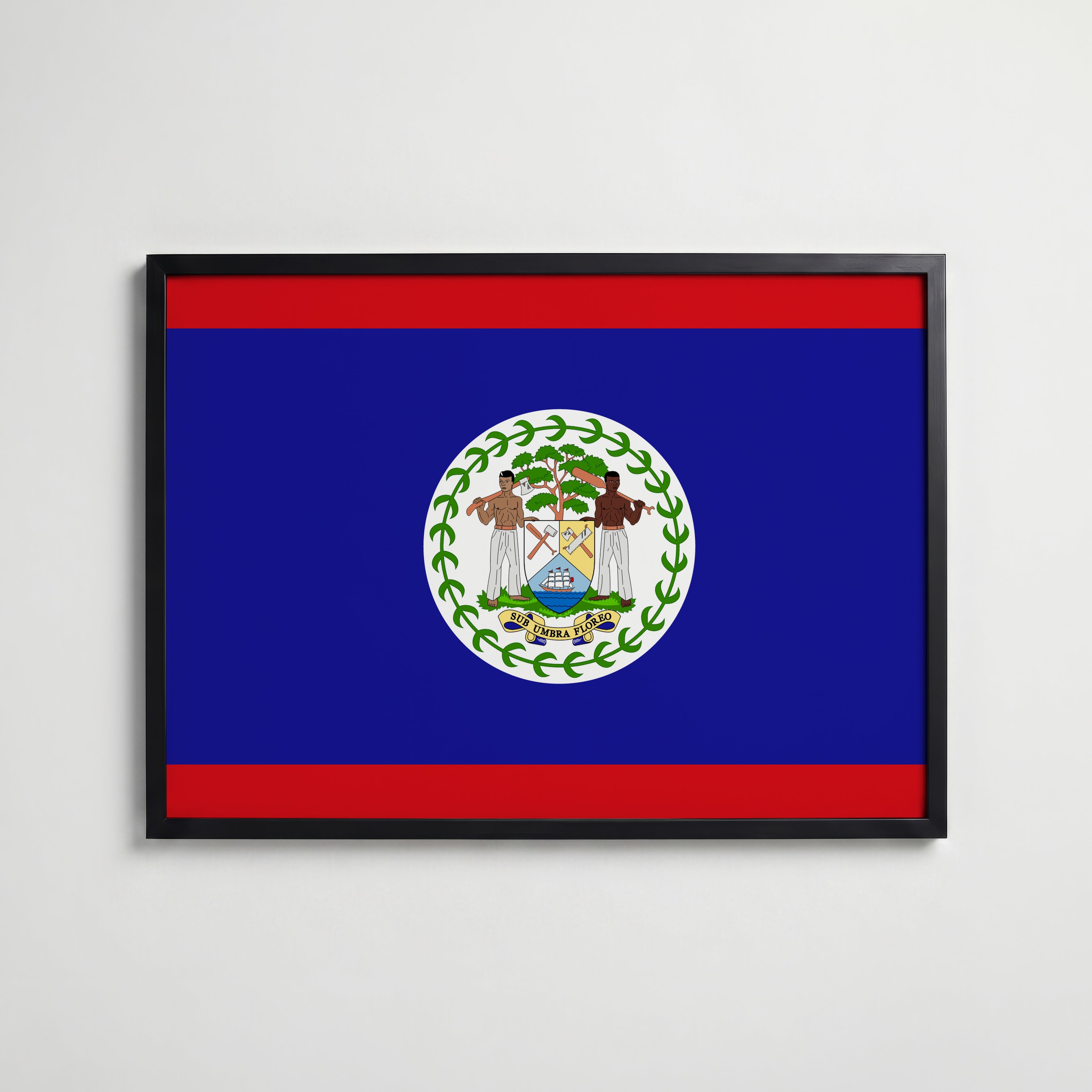Belize National Flag Poster i svart ram – stilren konsttryck som väggdekor från Bozetto