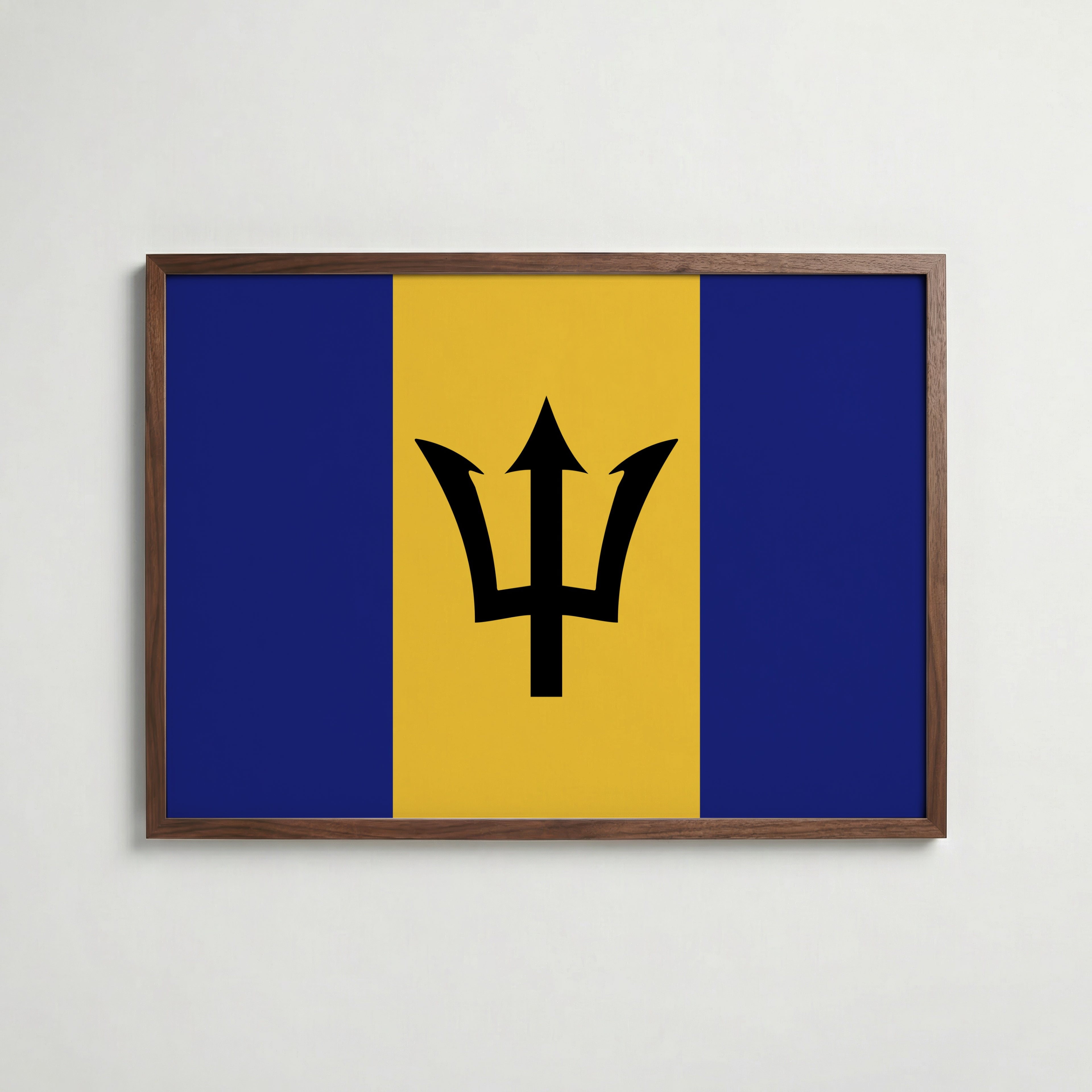 Barbados National Flag Poster i valnötsram – varm konstaffisch för hemmet från Bozetto