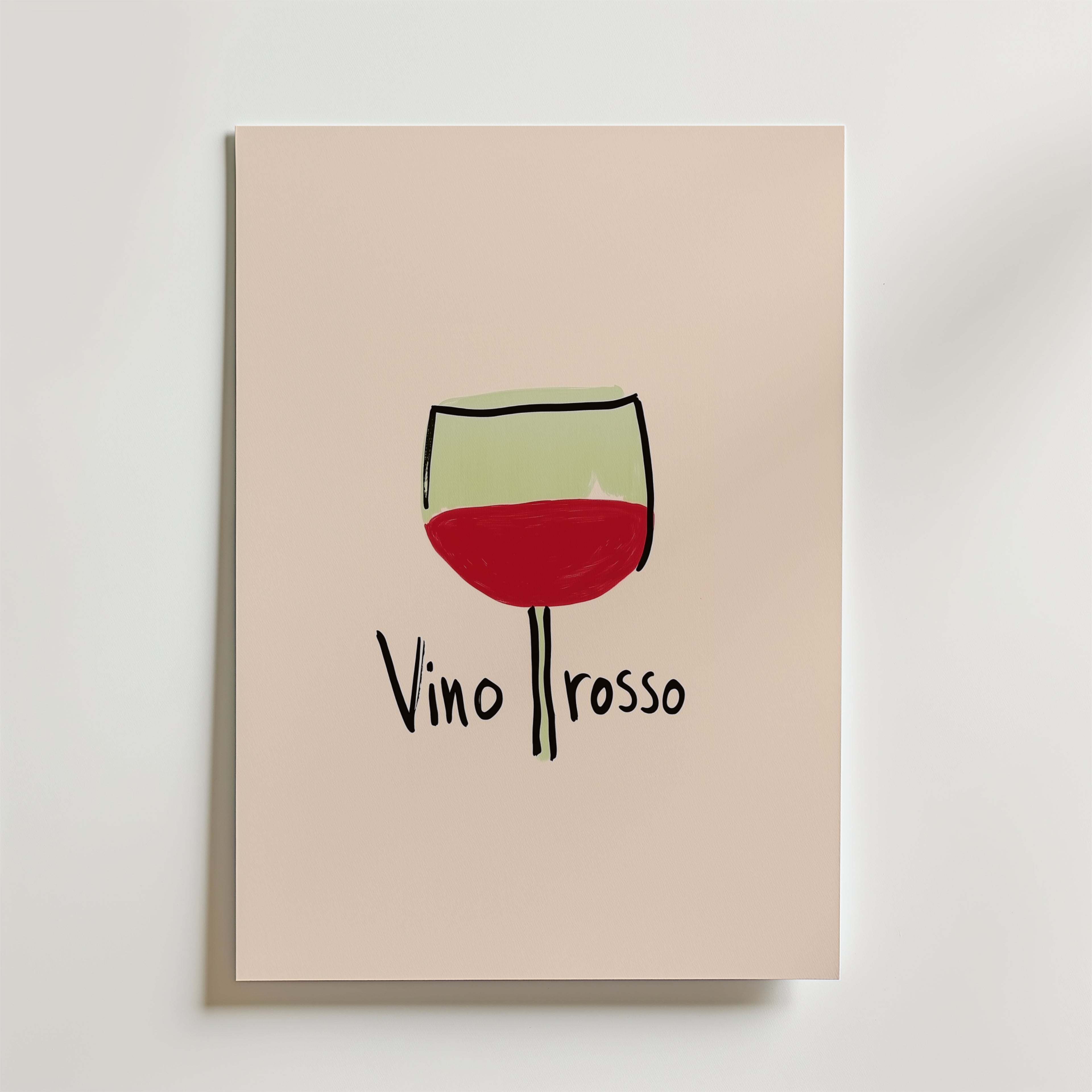 Bozetto Vino Rosso Poster föreställer ett handritat glas rött vin ovanför "Vino rosso" på premiumpapper - en minimalistisk och elegant inredningsdetalj för alla rum.