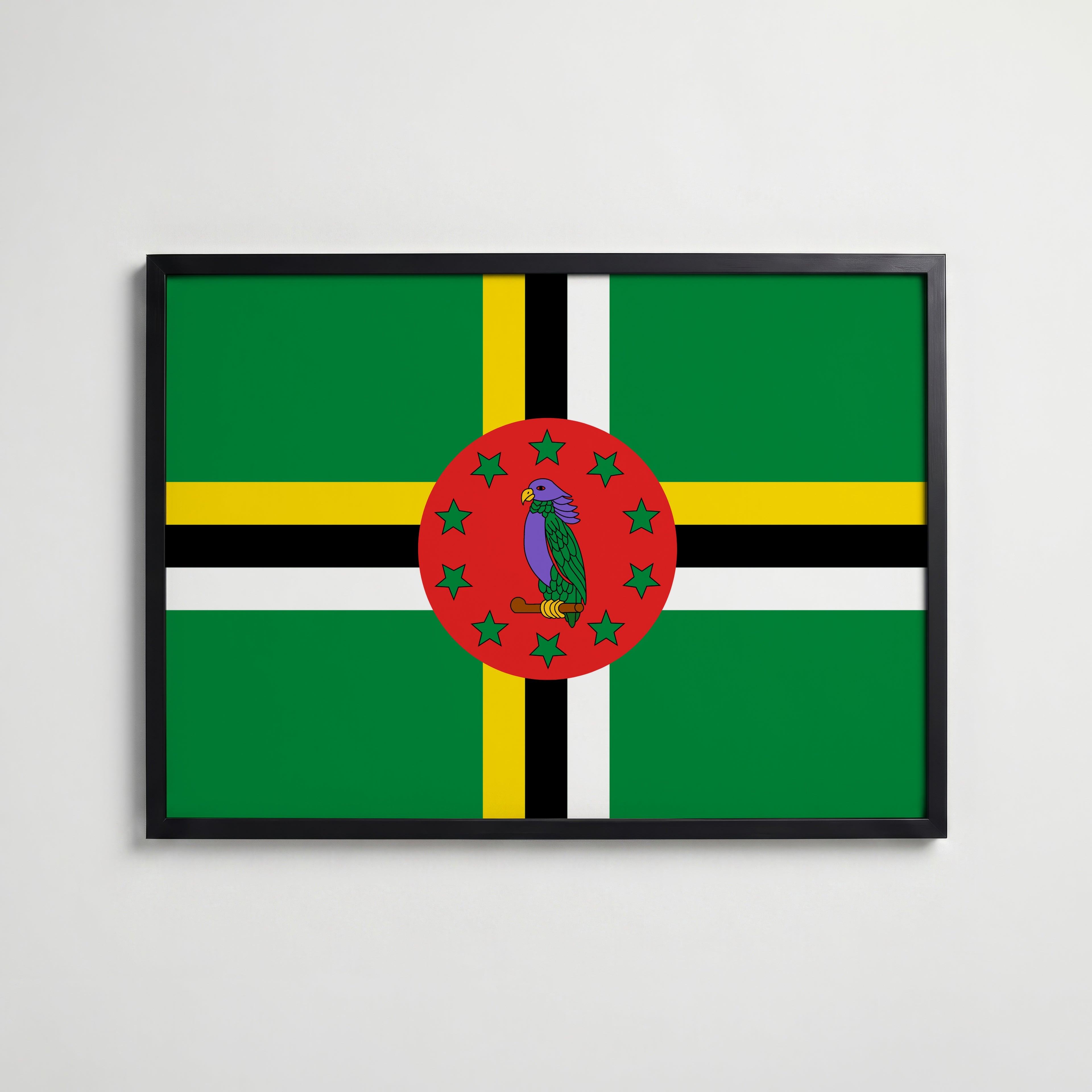 Dominica National Flag Poster i svart ram – stilren konsttryck som väggdekor från Bozetto