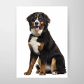 En glad berner sennenhund med lång svart, brun och vit päls sitter vänd framåt på vit botten - perfekt som väggkonst med Bozettos "Personlig Poster - Skapa din egen design.