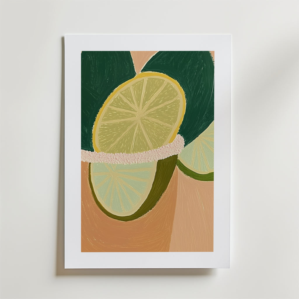 Bozetto Citrus Dream Poster visar två limeskivor med gröna skal på en beige bakgrund, presenterad i en vit matt ram och tryckt på premiumpapper med en lyxig matt finish.