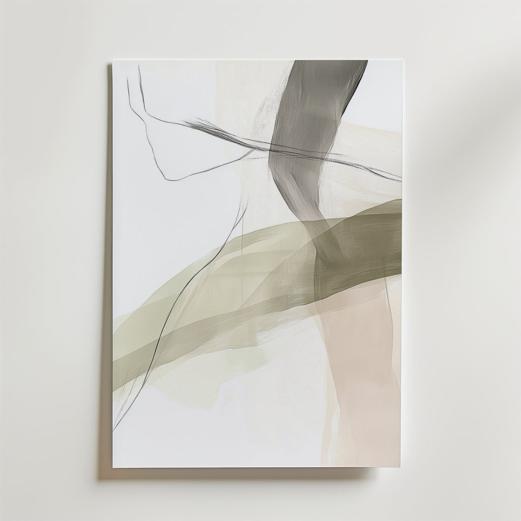 Bozetto Light Layers Poster visar en minimalistisk abstrakt design med överlappande genomskinliga penseldrag i beige, taupe och grått, accentuerat av svarta skisslinjer på vitt - tryckt på lyxigt matt premiumpapper.