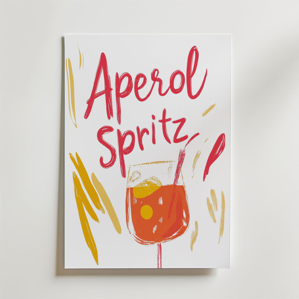 Bozetto Retro Aperol Poster visar en röd "Aperol Spritz" text ovanför en illustrerad orange cocktail och livfulla abstrakta former på en vit bakgrund - perfekt för en snygg heminredning.