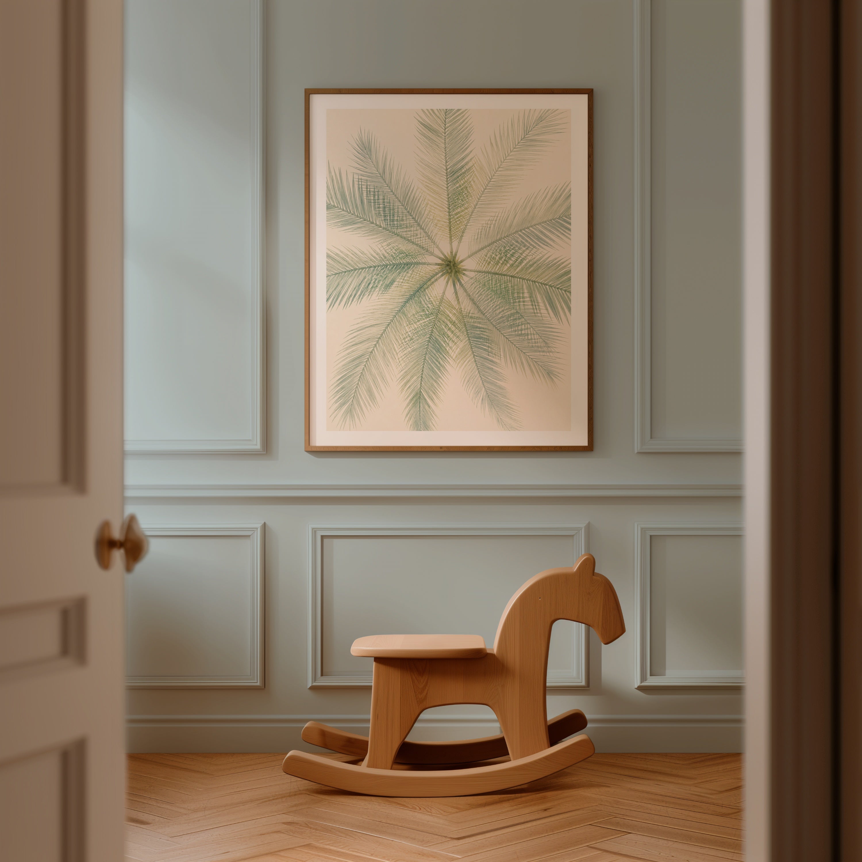 Mirrored Palm affisch i ljust minimalistiskt vardagsrum – köp enkelt hos Bozetto