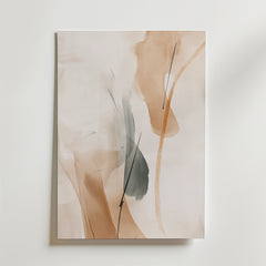 Postern Golden Flow Poster by Bozetto har abstrakta beige, tan och grå penseldrag med svarta och orange linjer på en vit bakgrund, tryckt på premiumpapper med en lyxigt matt yta och uppsatt på en vit vägg.