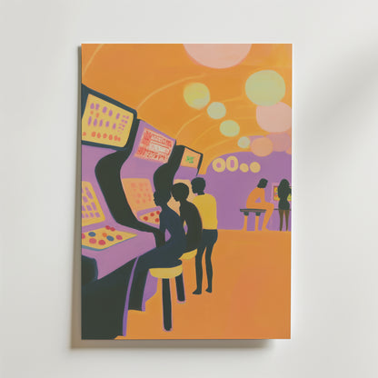 Bozetto Jackpot Dreams Poster visar en färgstark, stiliserad scen med människor som spelar arkadspel under glödande ljus, med livfulla orange, gula och lila toner, allt på en lyxigt matt yta.