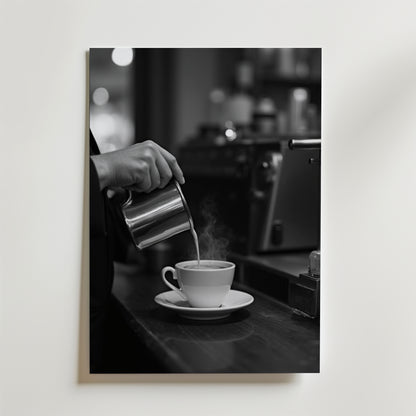 En barista häller ångad mjölk i kaffe på ett mysigt café, fångat i svartvitt. Bozetto Steaming Perfection Coffee Poster är den perfekta inredningen för kaffeälskare.