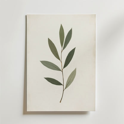 Den minimalistiska postern Eucalyptus Poster från Bozetto visar en grön bladstjälk med sju blad på en benvit bakgrund, tryckt på FSC-certifierat premiumpapper med en lyxig matt finish.
