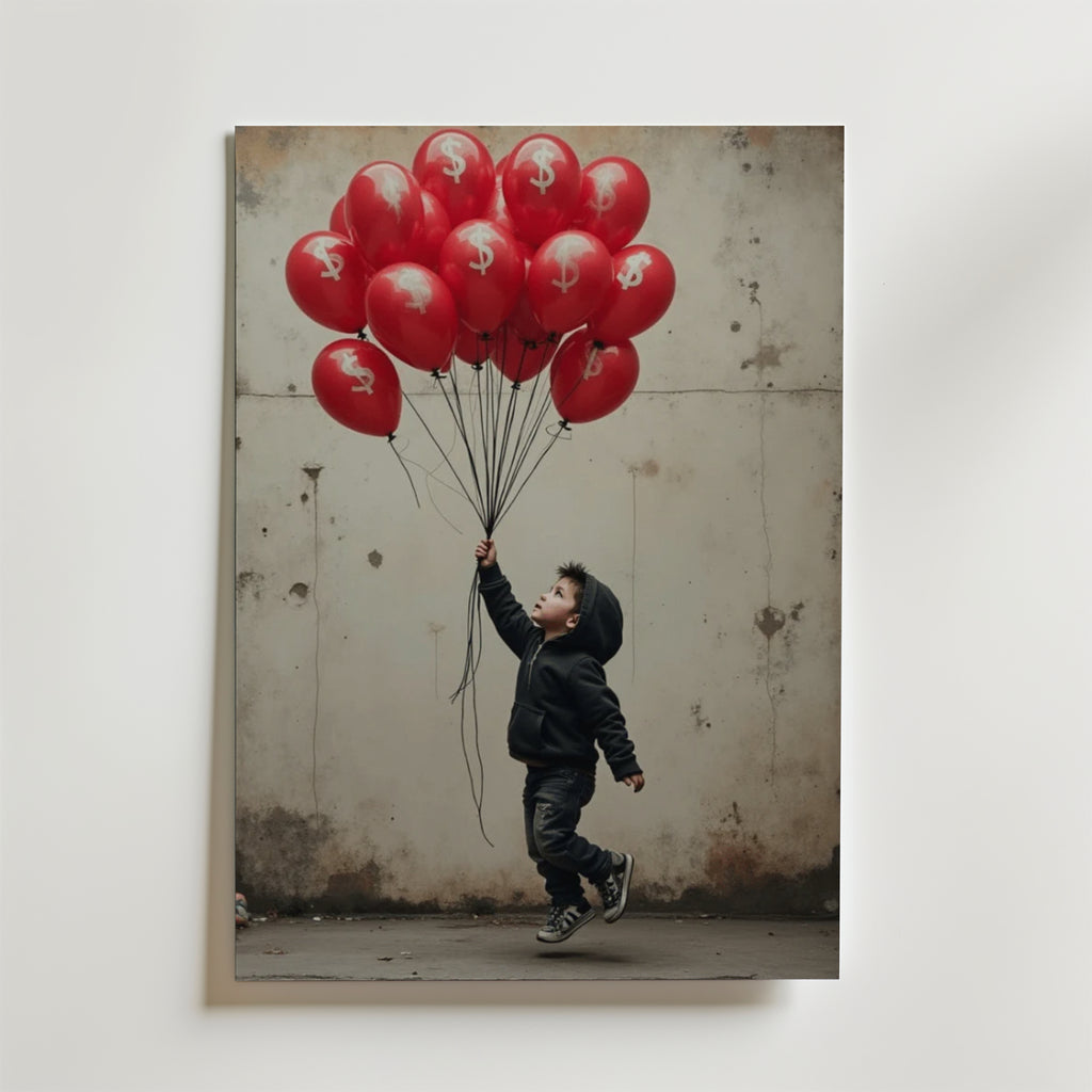 En ung pojke i svart huvtröja håller röda dollarsignaturballonger mot en beige vägg - Bozetto Dreams for Sale Poster, tryckt på premiumpapper med matt yta.