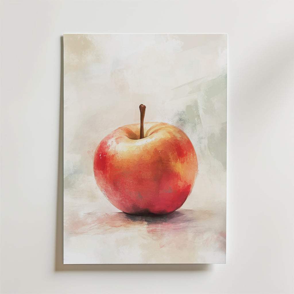 Bozetto Apple Essence Poster föreställer ett rött och gult äpple med stjälk på en mjuk pastellfärgad abstrakt bakgrund, vackert tryckt på premiumpapper. Postern är perfekt för konstposter-älskare och ser fantastisk ut på en vit vägg.